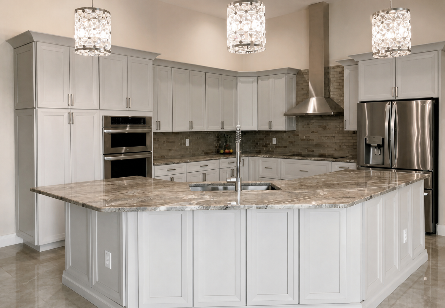 Completed white cabinet kitchen with dark counters and subway tile backsplash